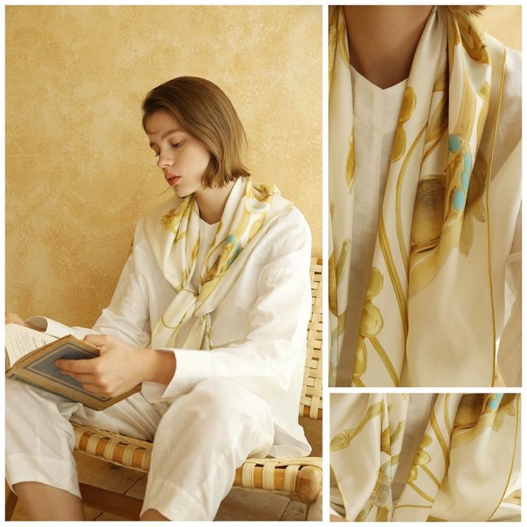 ผ้าพันคองาช้างสำหรับสุภาพสตรีดอกไม้ 100% Silk-2 Ivory Ladies Floral Scarves 100% Silk-2