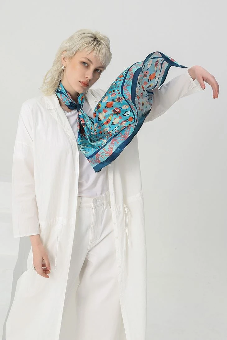 Fish Silk Scarf With Hand Rolled